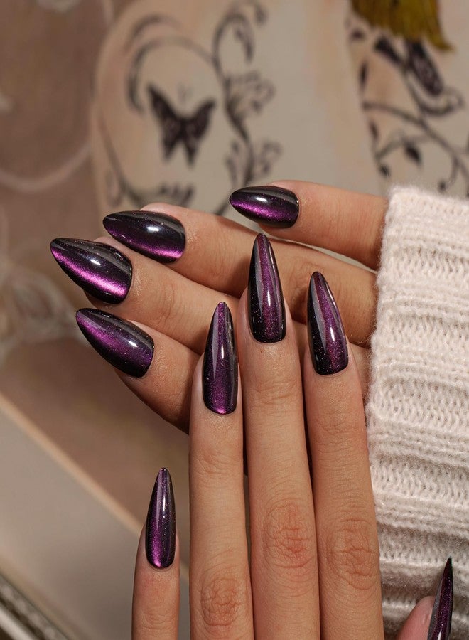 KQueenest Cat Eye Press On Nails Almond, 30 Pcs Glitter Black Purple Press On Nails Medium, Dark Sparkly Fake Nails With Glue, Reusable Chrome Glue on Nails Press ons for Women, Goth Style - Image 1